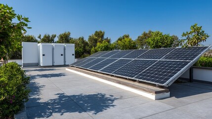 Solar photovoltaic panel theme, photovoltaic panels neatly laid on the roof of a residential building, energy storage battery boxes placed at the edge, background is blue sky and green plants 