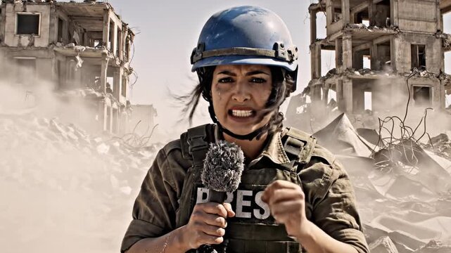 A female reporter reporting on destruction, holding microphone, wearing helmet and vest in war zone