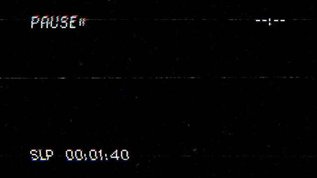 VHS Pause Overlay Glitch Effects with Grunge Scratches and Dust on Black Background. 4K Video