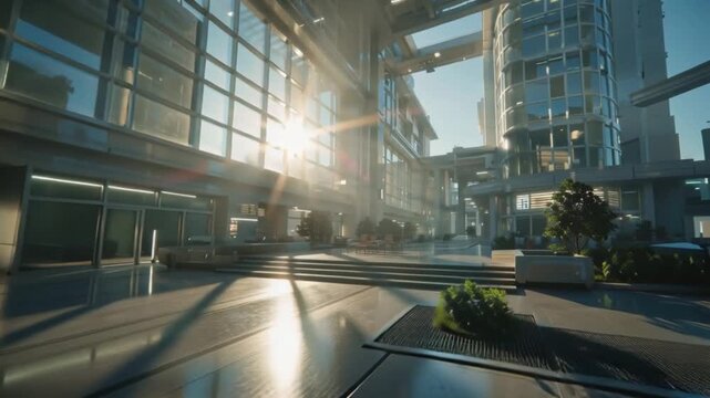 Modern architectural cityscape bathed in the warm glow of the sun, showcasing sleek buildings and a skybridge