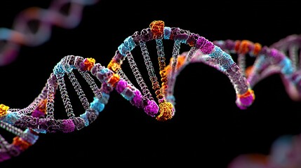 Genetic engineering theme, 3D DNA double helix model suspended against a black background, base pairs labeled on the chain, fluorescently labeled gene fragments beside it 