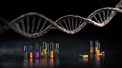 Genetic engineering theme, 3D DNA double helix model suspended against a black background, base pairs labeled on the chain, fluorescently labeled gene fragments beside it 