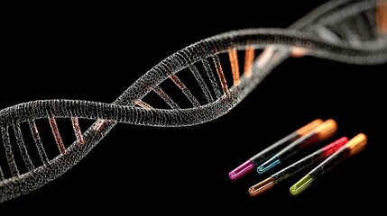 Genetic engineering theme, 3D DNA double helix model suspended against a black background, base pairs labeled on the chain, fluorescently labeled gene fragments beside it 
