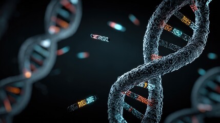 Genetic engineering theme, 3D DNA double helix model suspended against a black background, base pairs labeled on the chain, fluorescently labeled gene fragments beside it 