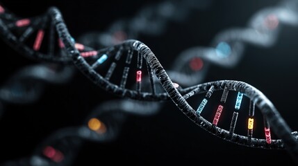 Genetic engineering theme, 3D DNA double helix model suspended against a black background, base pairs labeled on the chain, fluorescently labeled gene fragments beside it 