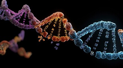Genetic engineering theme, 3D DNA double helix model suspended against a black background, base pairs labeled on the chain, fluorescently labeled gene fragments beside it 