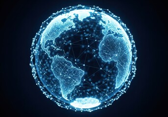 Global network connection with digital world map and glowing dots on dark background. Glowing digital earth globe with network connections representing global technology and communication