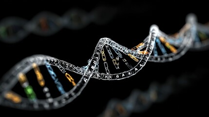 Genetic engineering theme, 3D DNA double helix model suspended against a black background, base pairs labeled on the chain, fluorescently labeled gene fragments beside it 