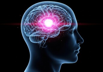 Obraz premium A glowing brain inside a human head represents intelligence and consciousness. Abstract brain activity highlighted by glowing pink neural network in human head profile