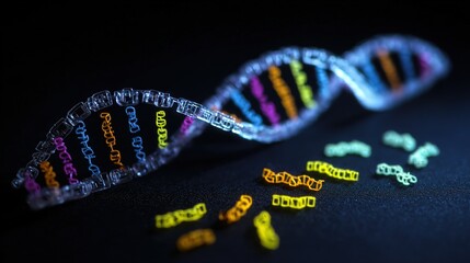 Genetic engineering theme, 3D DNA double helix model suspended against a black background, base pairs labeled on the chain, fluorescently labeled gene fragments beside it 