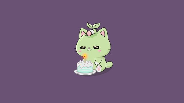 Cute matcha mochi cat character blowing birthday candle seamless loop animation