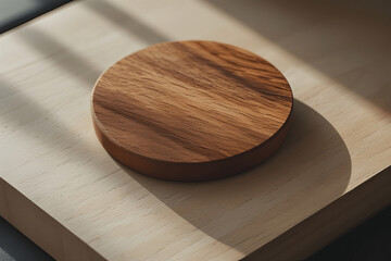 Aesthetic Circular Wooden Coaster on Light Wood Surface with Sunlight and Shadow, Generative AI