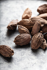 Close-up of whole dried Indian black cardamom on light grey background, detailed texture and natural shadows vertical shot. Exotic spices and culinary ingredients. Ayurvedic treatment. Indian spices.