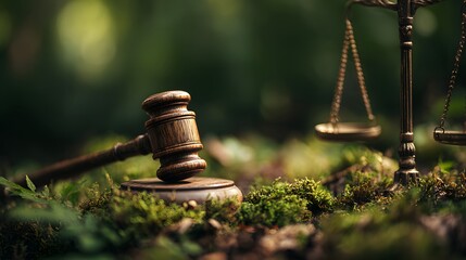 Wooden gavel and antique balance scales rest upon vibrant green moss in a shadowy forest setting