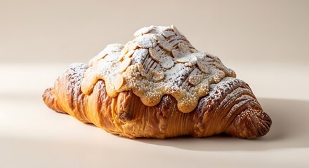 Delicious almond croissant dusted with powdered sugar and drizzled with icing