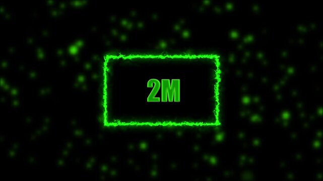 Neon 2M text animation on blur background. Neon glowing 2M 'followers' animation with neon border.