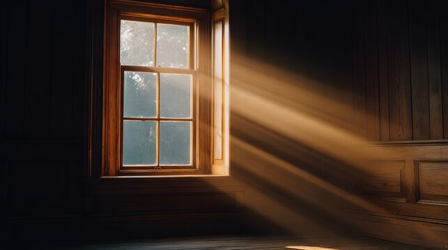 Strong shafts of sunlight penetrate the dim interior of a room through an open wooden window - Powered by Adobe