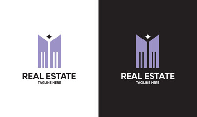 Modern minimalist real estate logo design with building icon and cross shape.