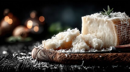 Olive-wood cheese board on deep-grey backdrop: main cheddar chunk plus scattered bits and knife, low-sat natural light, ideal for brand packaging, holiday gift banner or health blog header