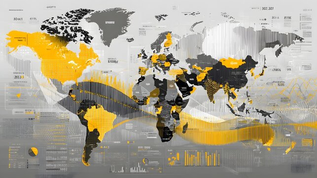 Global data visualization displays geographic information with contrasting highlight colors and digital overlays