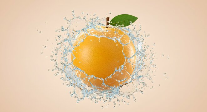 Fresh Orange Splash with Water Droplets and Leaf