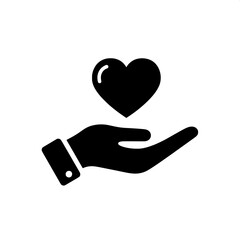 Minimalist graphic icon depicting a caring hand presenting a heart, symbolizing love, compassion, generosity, giving, and support for charitable acts or emotional connections