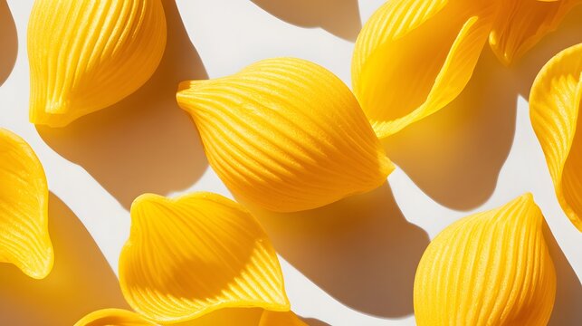 Dry concave pasta shapes display vibrant yellow color under bright lighting - Powered by Adobe