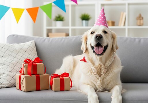 Joyful Golden Retriever dog celebrates birthday party with gifts and festive decorations. - Powered by Adobe