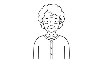 パーマをかけた高齢女性の正面線画イラストアイコン