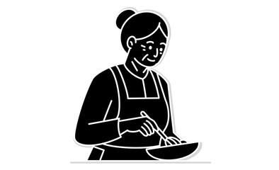 家庭料理を作る高齢女性のモノクロ線画イラストアイコン
