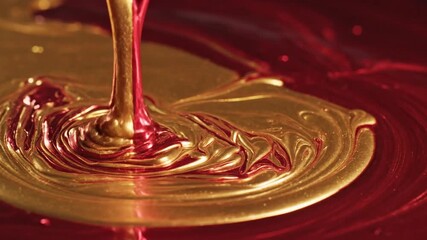 Metallic gold liquid pouring onto a vibrant red surface creating abstract swirls and patterns closeup - Powered by Adobe