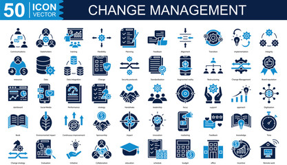 Change Management icon collection set. Containing Communications, Stakeholders, training, Flexibility, Planning icon.