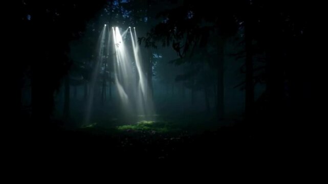 Dramatic beam of light shining through trees in a dark forest with green grass