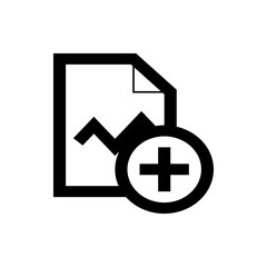 Black and white icon showing a document with a mountain range and a plus sign in a circle overlaying it
