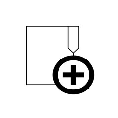 Illustration of a square with a hanging tag connected to a circle containing a plus sign symbol design
