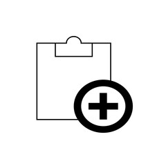Illustration of a clipboard with a document and a plus sign indicating addition or creation process on white