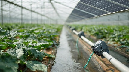 Solar photovoltaic panel theme, translucent photovoltaic panels on the top of an agricultural greenhouse, vegetables planted below visible, intelligent irrigation nozzles beside