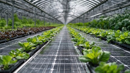 Solar photovoltaic panel theme, translucent photovoltaic panels on the top of an agricultural greenhouse, vegetables planted below visible, intelligent irrigation nozzles beside