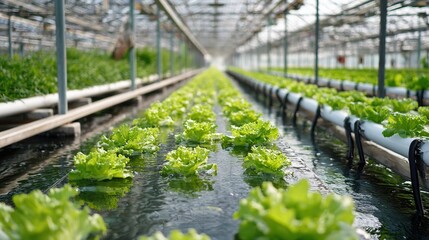 Solar photovoltaic panel theme, translucent photovoltaic panels on the top of an agricultural greenhouse, vegetables planted below visible, intelligent irrigation nozzles beside