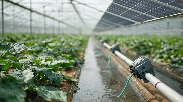 Solar photovoltaic panel theme, translucent photovoltaic panels on the top of an agricultural greenhouse, vegetables planted below visible, intelligent irrigation nozzles beside - Powered by Adobe
