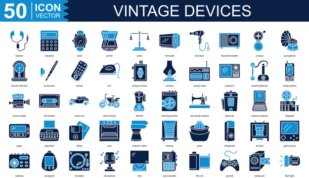 vintage devices icon collection set. Containing compas, gramaphone, ancient wall clock, ancient pen, remote, iron icon.
