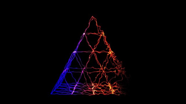 Pyramid lines weave across dark geometric canvases