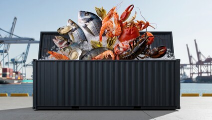 Open Shipping Container Overflowing With Fresh Seafood At Industrial Port