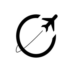 Airplane flying around a circular path with a black and white minimalist travel themed design element icon