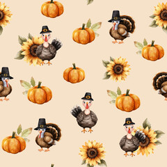Watercolor seamless pattern of cute Thanksgiving turkeys. Festive autumn pattern with a background featuring pie, turkey, greenery, and sunflowers.