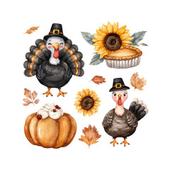 A watercolor set of cute Thanksgiving turkeys. A festive set of elements featuring pie, turkey, greenery, and sunflowers.