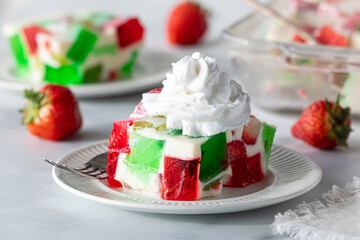 A serving of a delicious homemade gelatin dessert, ready for eating. 