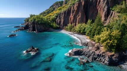 Dramatic Rocky Coastal Cliff Overlooking Turquoise Ocean Water and Lush Green Vegetation Under a Clear Blue Sky
