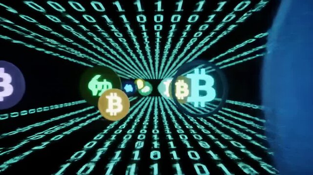 A futuristic digital artwork showcases Bitcoin symbols amidst a flowing binary code backdrop, representing cryptocurrency and technological innovation.