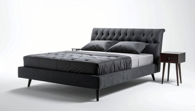 Elegant Gray Tufted Upholstered Bed with Nightstand on White Background